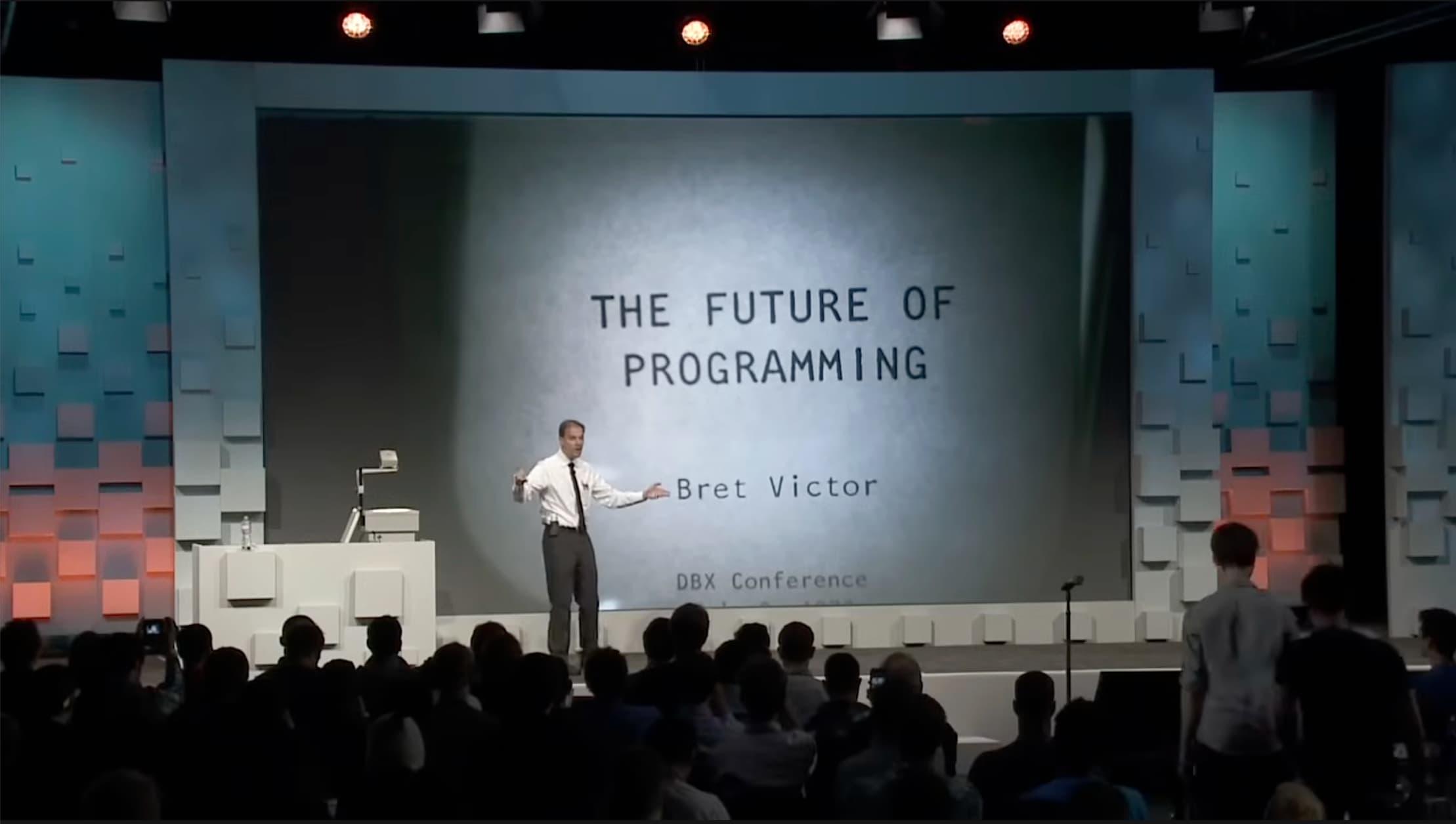 Bret Victor presenting 'The Future of Programming' in 2013, using a simulated overhead projector and transparencies